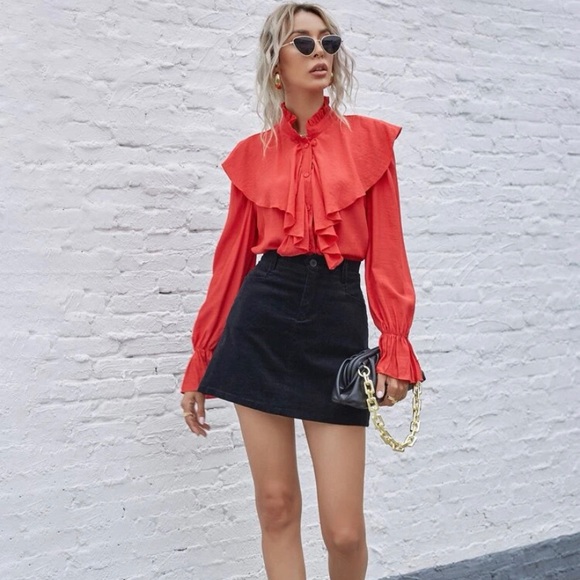 ⏰ SHEIN - Frill Mock Neck Button Front Blouse - M (6) - Picture 1 of 5